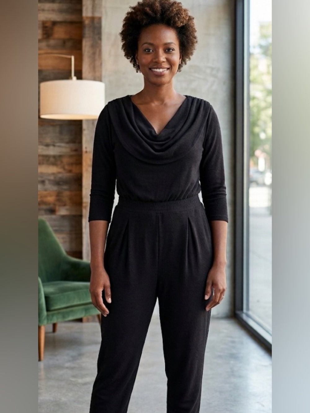 NWT Lane Bryant Black Terry Knit Cowl Neck Jumpsuit – 3/4 Sleeves & Tapered Leg